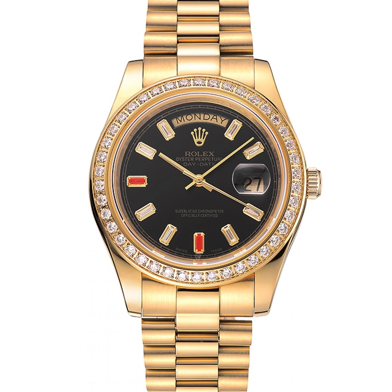 Best AAA Replica Sites Day-Date Bracelet Gold Diamonds 1454101 And Black Swiss Rolex Rubies Dial 0626